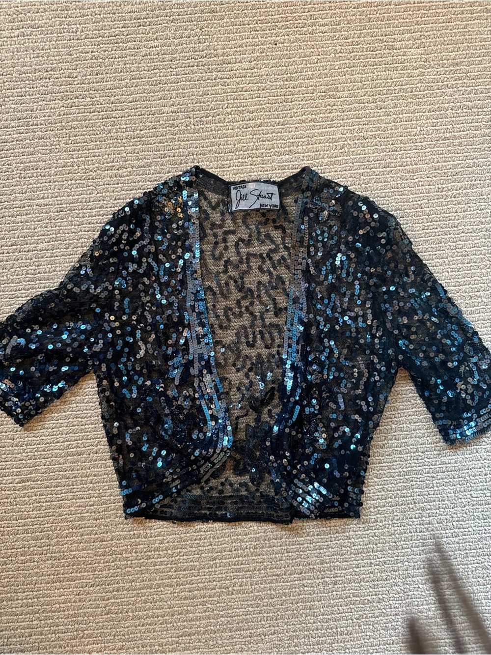 Vintage jil Stuart  Black Sequin Cropped Blazer with Blue Accents